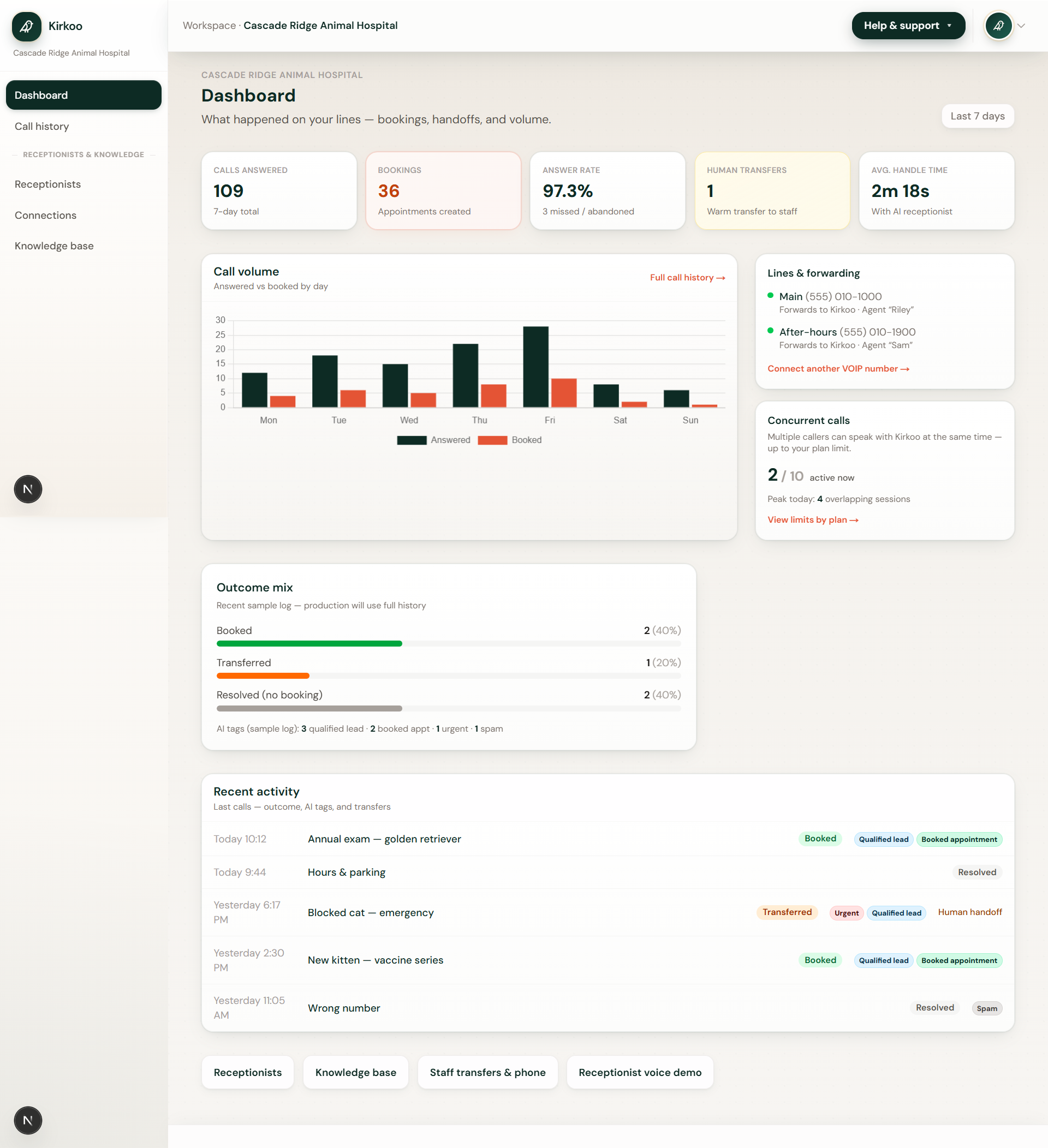 Kirkoo main dashboard: overview metrics and workspace activity